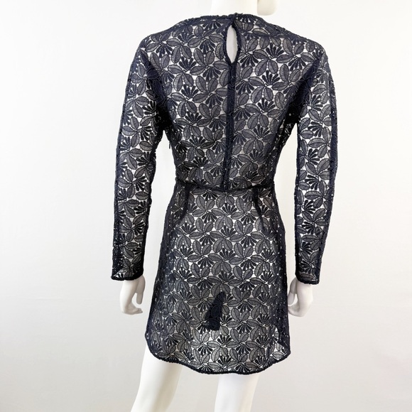 Maje Navy Blue REPINE Lace Mini Dress Size 4 Long Sleeve Formal Sheer Cocktail - Picture 8 of 11